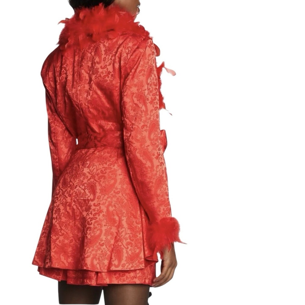 New Dolls Kill Sugar Thrillz Spicy Crushes Brocade Coat Red Feather Trim‎ Dancer - Picture 15 of 16